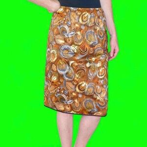 Vintage Y2K Brown Orange Feather Abstract Knee-Length Skirt